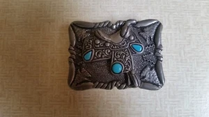 VTG PEWTER WESTERN SADDLE BELT BUCKLE WITH SYNTHETIC TORQUOISE STONES - Picture 1 of 2