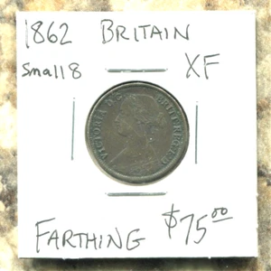 GREAT BRITAIN- FANTASTIC HISTORICAL QV COPPER FARTHING, 1862 (SML 8), KM# 747.2 - Picture 1 of 3