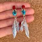 Bohemian Style Tibet Silver Feather Turquoise Earrings Christmas Ear Stud