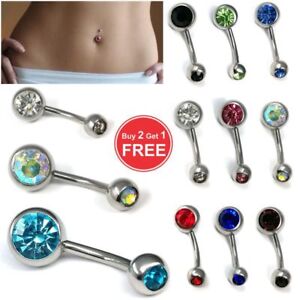 316L Surgical Steel Belly Bar Navel Bar Belly Navel Button Double Crystal Gem