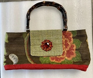 Tapestry KD Handbag Purse bamboo Handle Brown Floral Green Weave Flap Red Brooch - Picture 1 of 12