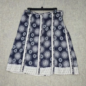 Navy Blue Midi Skirt Mandala Design Accents Side Zipper Cotton Blend Size 8 - Picture 1 of 7