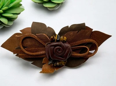Leather Floral Barrette Hair Clip Rose with Stone Accents Leaf Motif France - Image 1 of 4