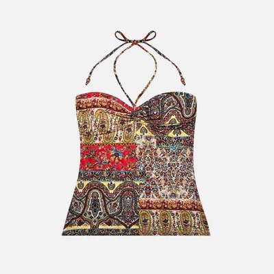 Vintage Anos 90 Batom Boho Paisley Patchwork Estampa Slinky Cami Halter Festa Top - Imagem 1 de 4