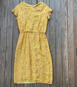 Vintage Damen Kleid gepunktet gelb rosa grün Rückenreißverschluss Kurzarm - Bild 1 von 8