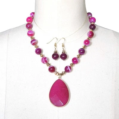 Agate Beaded Necklace Earrings Set Pink Gemstone Stone Teardrop Pendant 18" OOAK - Image 1 of 4