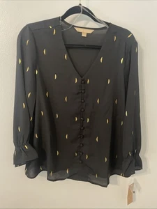 NWT Hope & Harlow Black W/ Gold Blouse Lg Sleeves Ruffle Button Up Women’s Large - Picture 1 of 12