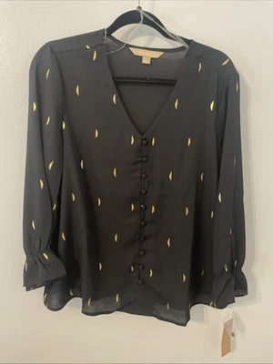 NUEVO CON ETIQUETAS Hope & Harlow Blusa Negra con Dorada Mangas Largas Volantes Abotonados Para Mujer’s Grande Foto 1 de 4