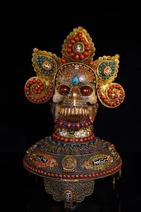 bronze gold tianzhu Gem white crystal tibetan Buddhist rituals skull head Kapala - Picture 1 of 9