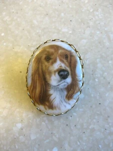 Vintage China or Porcelain Transfer Pin Brooch Spaniel Hound Beagle  / FREE SHIP - Picture 1 of 4