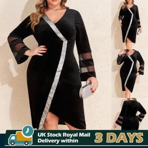 UK Womens Plus Size Mini Dress Velvet Mesh Sequin V Neck Cocktail Party Bodycon - Picture 1 of 9