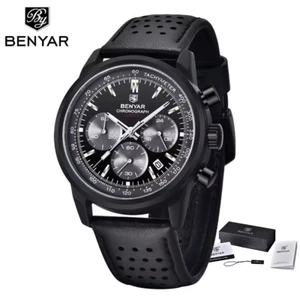 Montre BENYAR Homme Luxe Etanche Lumineuse Chronographe Quartz Bracelet Cuir - Picture 1 of 4