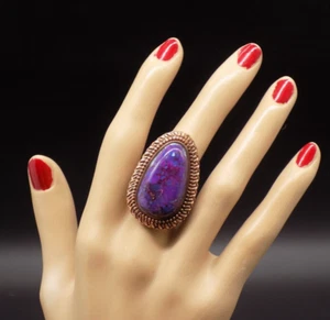 Purple Mojave Turquoise Copper Cocktail Ring Thailand Signed NK Size 5 Big Pear - Picture 1 of 12
