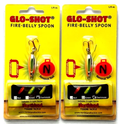 2 PAQUETES Aparejos de Pesca Northland Glo-Shot® Cuchara Vientre de Fuego 1/8 OZ SuperGlo Chub Foto 1 de 4