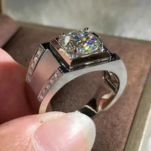 2Ct Round Cut Real Moissanite Solitaire Men's Wedding Ring 14k White Gold Plated - Picture 1 of 8