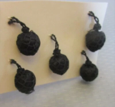 19C Antique Black Woven Silk Button Set 5 Passementerie dangling balls 1/2" - Image 1 of 4