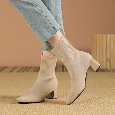 Botas femininas meia salto bloco biqueira quadrada malha elástica tornozelo sapatos da moda - Imagem 1 de 4