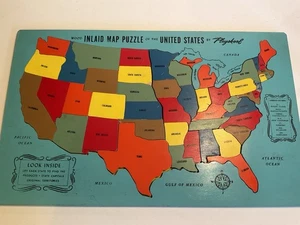 Vintage Playskool Holz Intarsien Karte Puzzle USA Holz Tablett Rahmen 19x12" - Bild 1 von 10