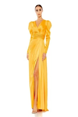 Mac Duggal Faux Wrap Mango Yellow Long Sleeve A Line Gown Womens Size 6 12404 - Image 1 of 4