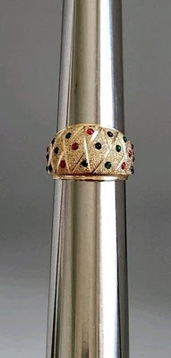 14K 黄金纹理表带五彩纸屑珐琅宽戒指多色 7 码 — 第 1/4 张图片