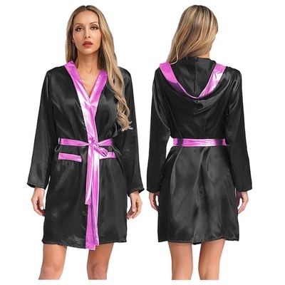 Womens Boxer Kickboxing Outfits Costume Hooded Open Front Boxing Robe with Belt - Image 1 of 3