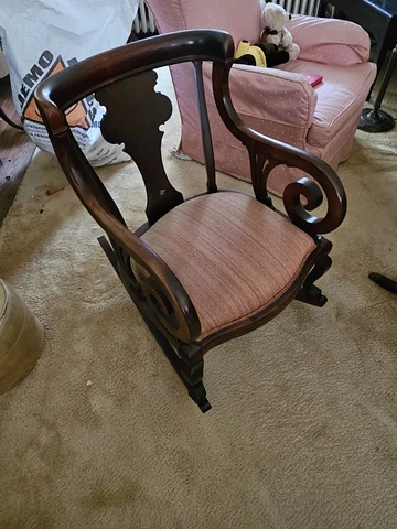 Antique Dark Wood Curved Curled Wood Rocker Rocking Chair Accent Furniture Seat Cover