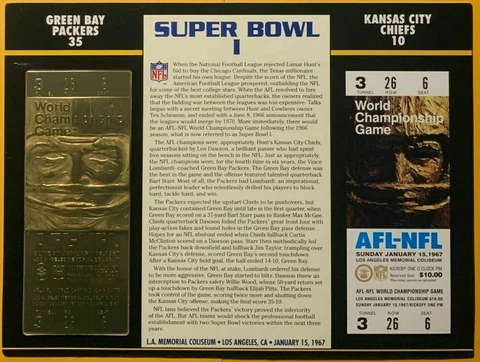 Super Bowl I 1 Green Bay vs Kansas City 22kt Gold Ticket Panel Willabee & Ward Cover