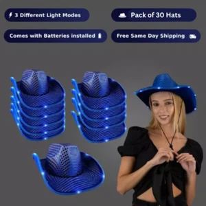30 BLUE SEQUIN Light Up LED Flashing Cowboy Hat with SEQUINs WHITE LEDS, Cowgirl - Picture 1 of 5
