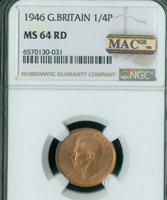 1946 GREAT BRITAIN FARTHING NGC MS64 RD PQ MAC SPOTLESS * - Image 1 of 2