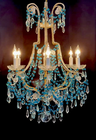 Vintage Italian Crystal Macaroni Beaded Chandelier French Peacock Blue Cover