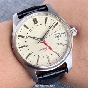 Reloj automático para hombre GMT NH34 movimiento piloto aviador esfera beige doble hora 39 mm - Imagen 1 de 8