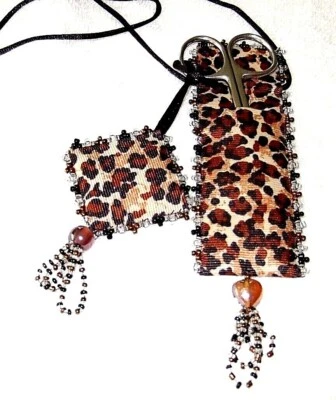 Leopard Print Beaded Ribbon Scissor Case & Pincushion W/ Scissor - NEW - Image 1 of 3