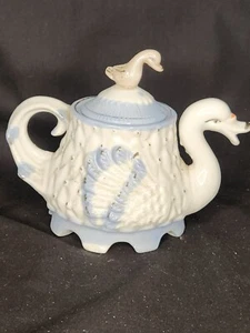 Vintage Footed Porcelain Swan Teapot Cobalt Blue and White Gold Flecked Small  - Picture 1 of 7