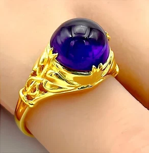 NATURAL AMETHYST 925 STERLING SILVER 24K GOLD FINISH VINTAGE STYLE RING    #1025 - Picture 1 of 4