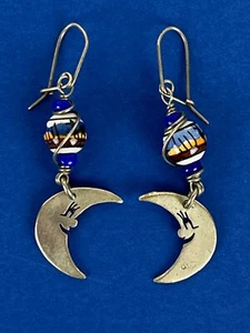 Dangle Earrings Pierced 2" Silver Tone Half Moon Face Painted Bead Southwest - Picture 1 of 12