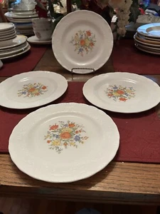 White Vtg Dinner Plates (4) With Orange Blue Yellow Flowers USA - Picture 1 of 3