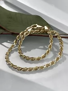 New Sterling 925 Solid Silver Rope Chain 9" Anklet Bracelet 3mm Gold Plate ITALY - Picture 1 of 16