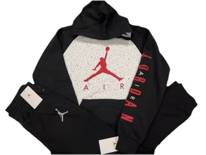 NWT NIKE AIR JORDAN BOY'S 2 PC BLACK WHITE HOODIE BLACK JOGGERS L 10-12 XL 13-15 - Picture 1 of 7