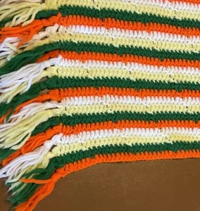 Handmade Yellow Orange Green Striped Crocheted 84"x 90" Lap Afghan w/ Fringe - Picture 1 of 9