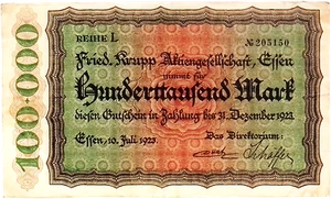 1923 Germany KRUPP / ESSEN 100.000 Mark - Picture 1 of 2