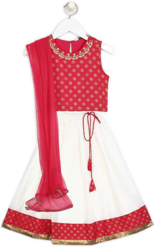  Lehenga Choli blanco y rojo, Lehenga étnico para niños, ropa festiva para niños Lehenga Foto 1 de 1
