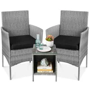 3-Piece Outdoor Wicker Conversation Patio Bistro Set,w/ 2-Chairs,Table,Cushions - Picture 1 of 7