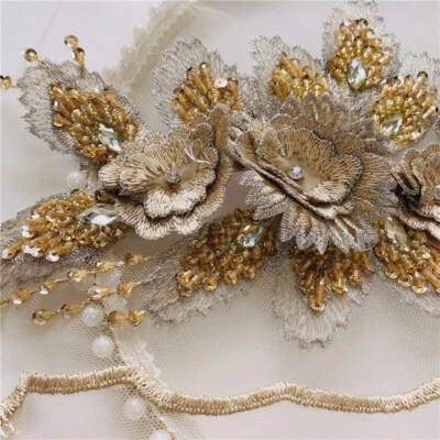 90cm DIY 3D Flower Trim Embroidered Sequins Beaded Lace Ribbon Clothing Sewing  - Image 1 of 4
