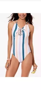 Hula Honey Juniors' Striped One-Piece Swimsuit White Stripe Medium - Picture 1 of 1