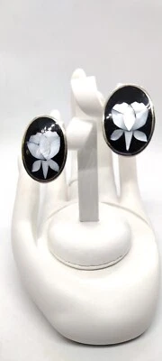 Mexico Alpaca Silver Abalone Shell MOP Black Enamel Oval Clip Earrings - Image 1 of 3