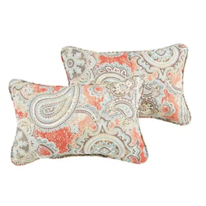 Coral/Aqua Paisley Rectangular Outdoor Corded Lumbar Pillows (2-Pack) - Picture 1 of 12