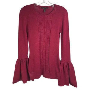 BCBG MaxAzria Sweater Sz XS GDI1X398 Maroon Cable Knit Bell Longsleeve Crewneck - Picture 1 of 10