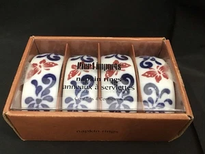 (4) Pier 1 Porzellan Chinoiserie blau und weiß rot Schmetterling Serviettenringe Neu - Bild 1 von 3
