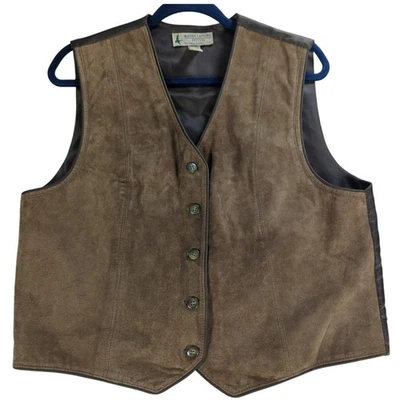VTG Marsh Landing Petites PL Suede Leather Vest Brown Button Front Western Style - Image 1 of 4