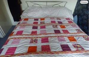 Patchwork quilt, modern design,King+ bed topper/long sofa throw. Pinks/white - Picture 1 of 8